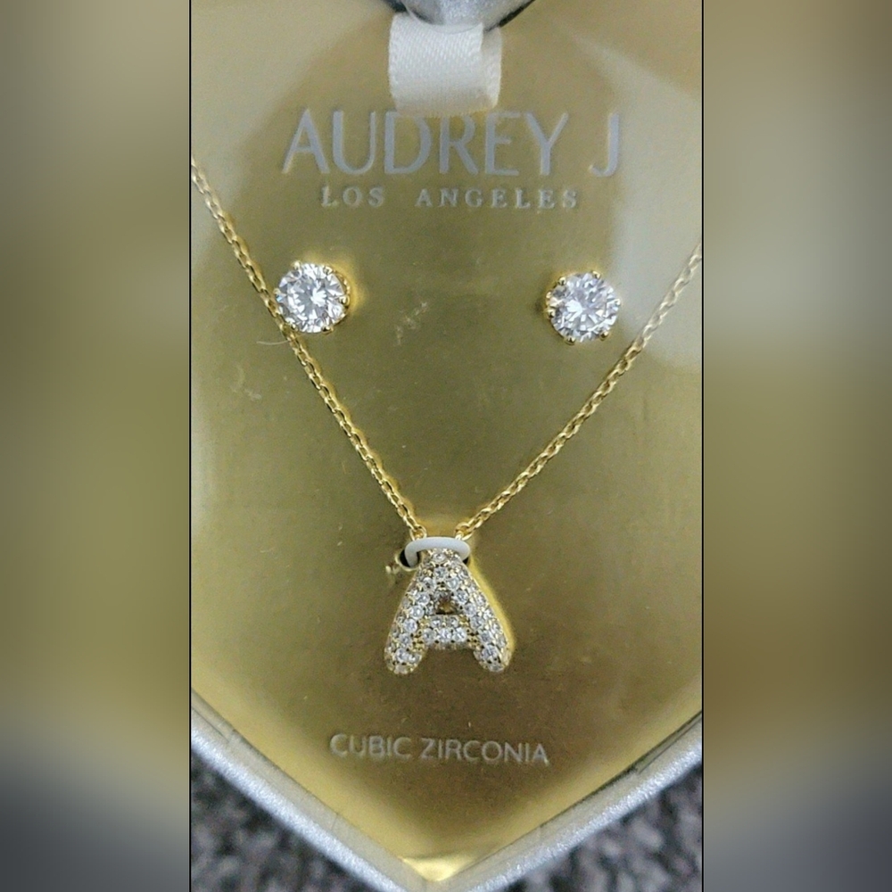 AUDREY J. Letter "A" Cubic Zirconia Necklace and Earring Set